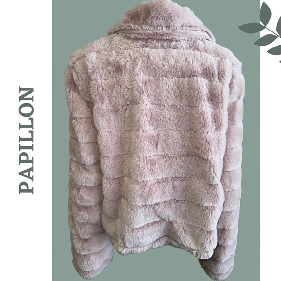 Papillon Cropped Faux Fur Jacket Lined Notch Collar Button Closure Size Large - Picture 4 of 6